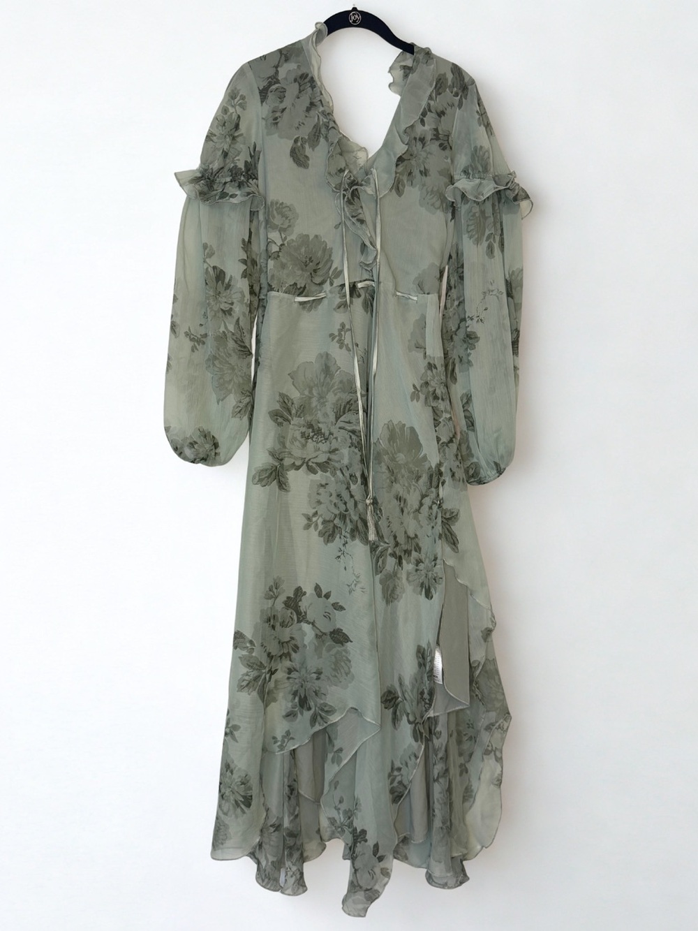 ASOS Sage Green Floral Ruffle Tie-Front Handkerchief Hem Asymmetrical Maxi Dress
